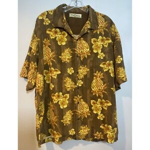 Tommy Bahama Shirt Men's Sz L Brown Tropical Floral Short Sleeve Silk Button Up